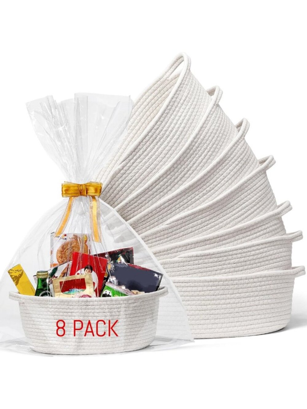 8 Pack Small Woven Baskets with Gift Bags & Ribbons - Decorative Nursery